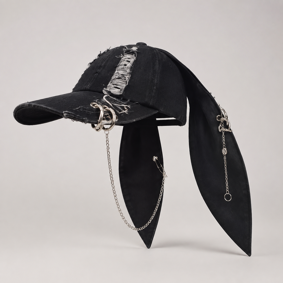 Side view of black bunny-ear chain cap