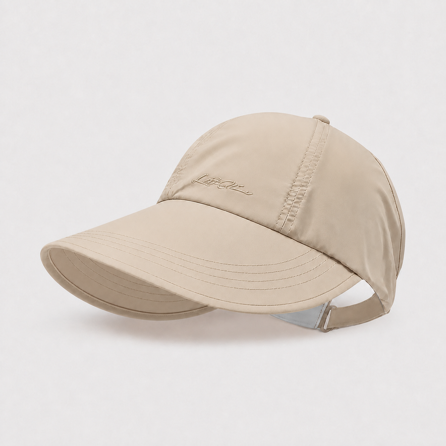 Beige lightweight ponytail cap with an extended curved brim