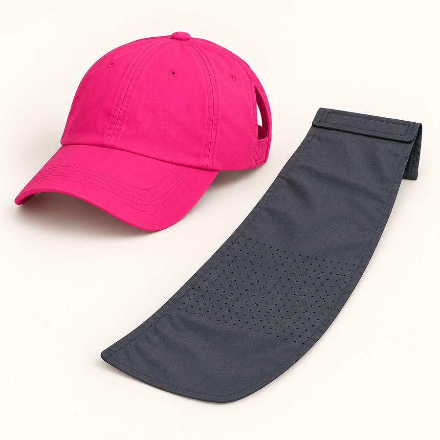 Pink ponytail cap with detachable dark gray neck drape set