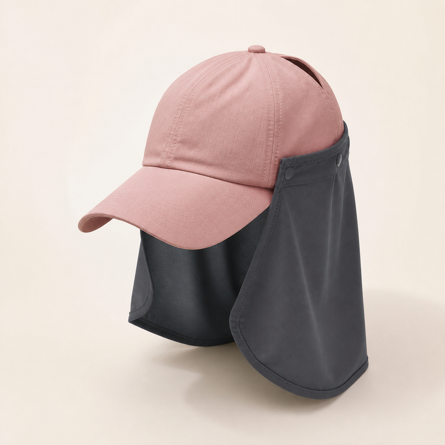 Pink ponytail cap with detachable dark gray neck drape