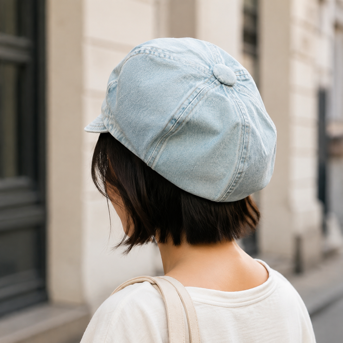 Light-blue vintage washed beret worn on a city street