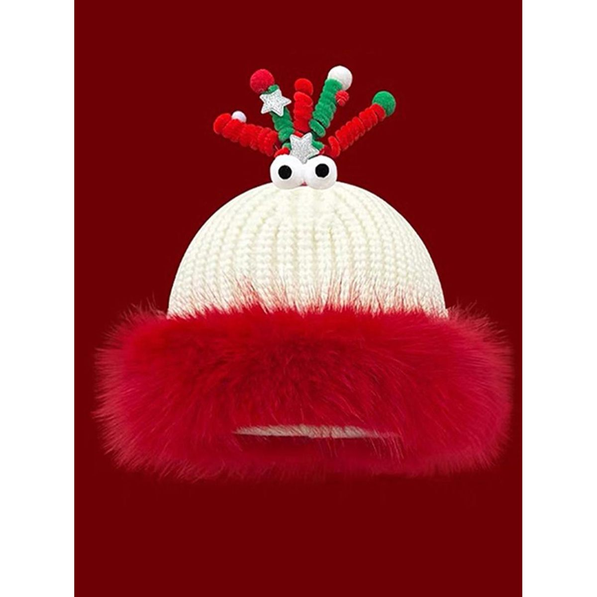 FESTIVE CHARACTER KNIT HAT. Cute eyes Cream