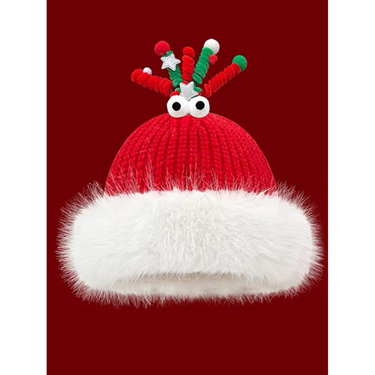 FESTIVE CHARACTER KNIT HAT. Cute eyes Red