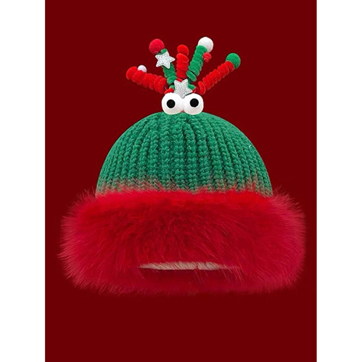 FESTIVE CHARACTER KNIT HAT. Cute eyes Green