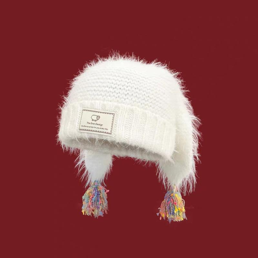 BUNNY-EAR TASSEL KNIT BEANIE. White