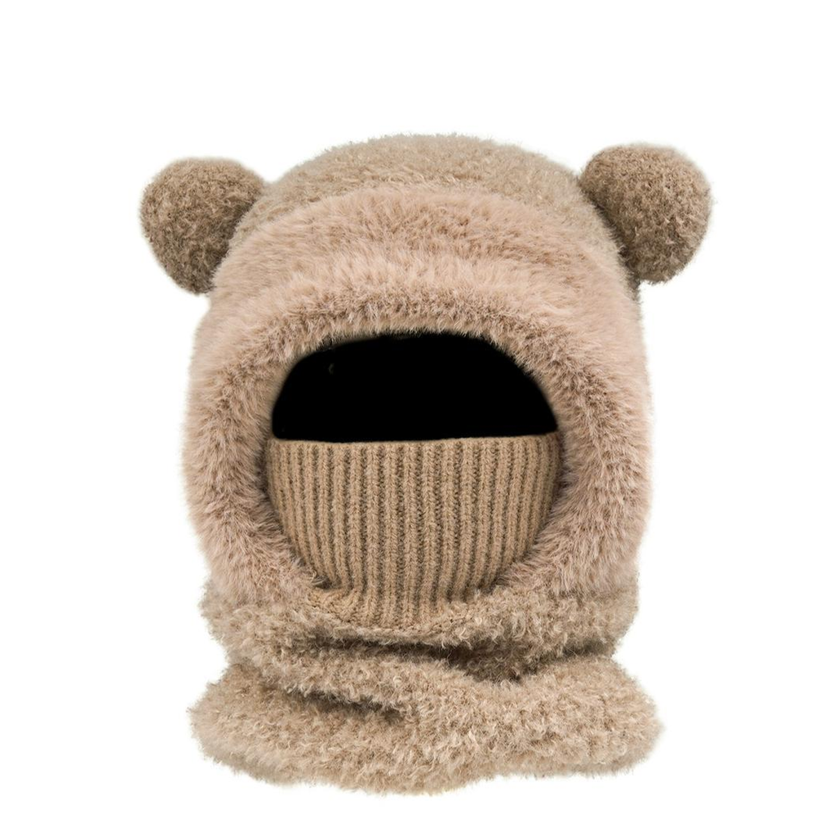 BEAR-EAR HOOD WITH KNIT FACE COVER. brown