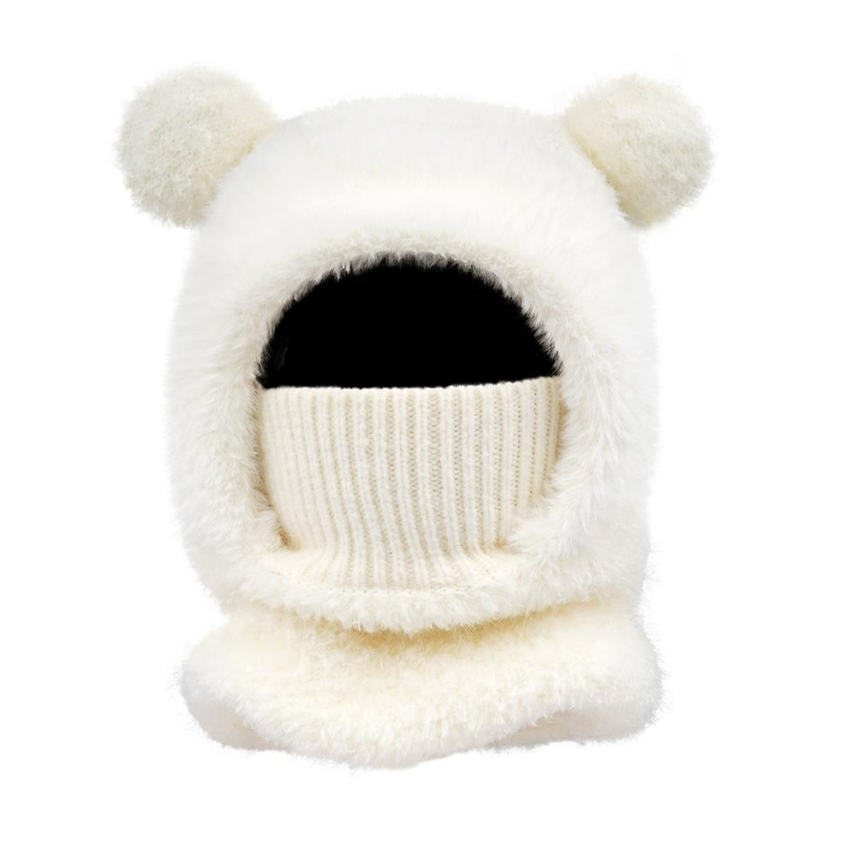 BEAR-EAR HOOD WITH KNIT FACE COVER. white