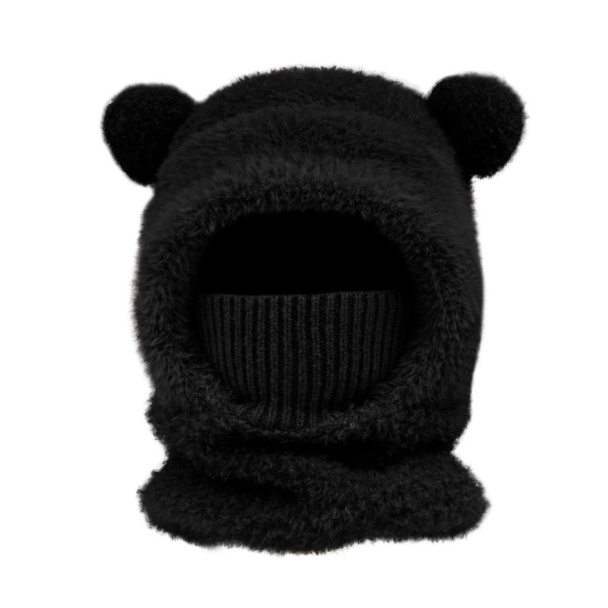 BEAR-EAR HOOD WITH KNIT FACE COVER. black