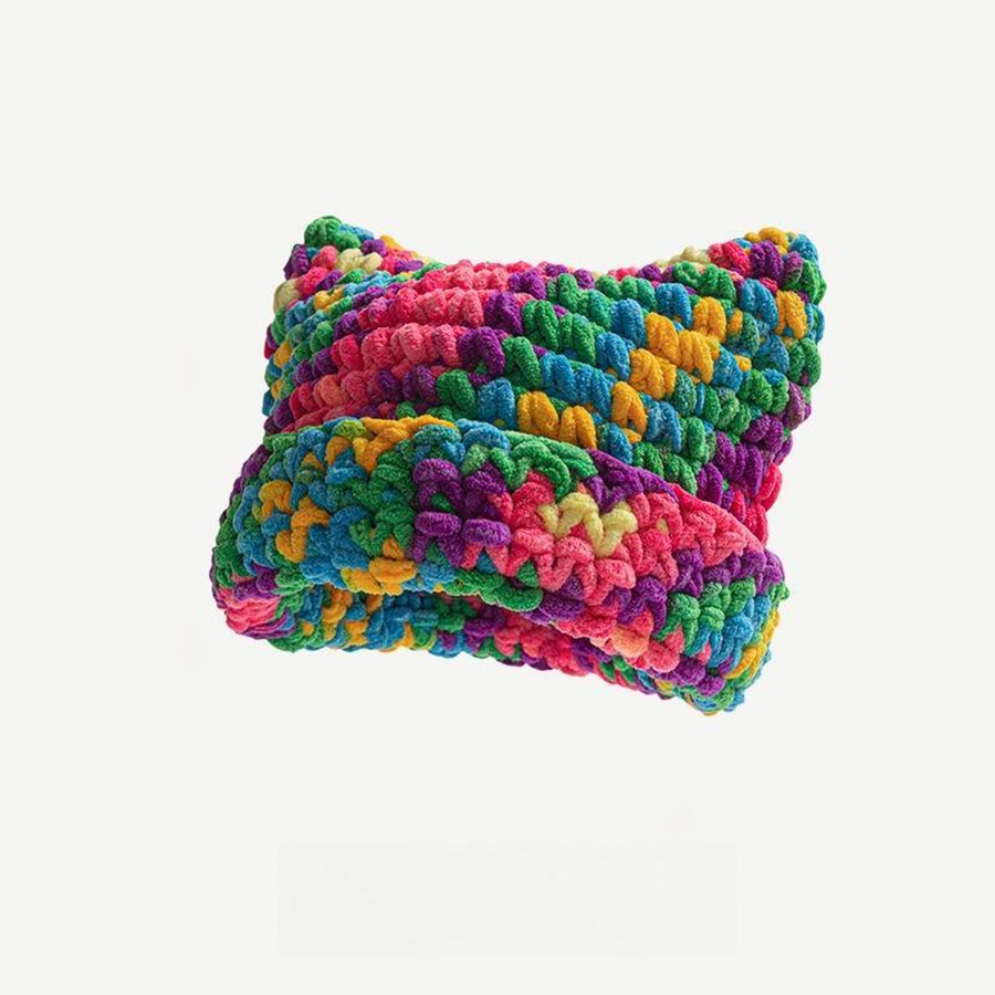 CHUNKY MULTICOLOR CAT-EAR KNIT BEANIE. rainbow