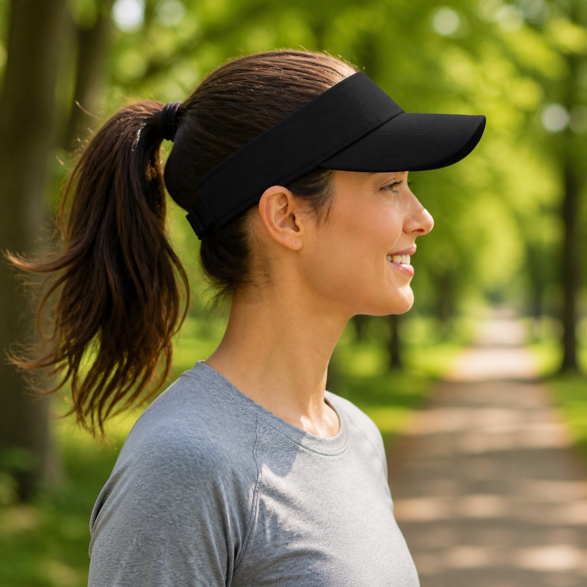 Woman wearing the black active sun visor on a park walk