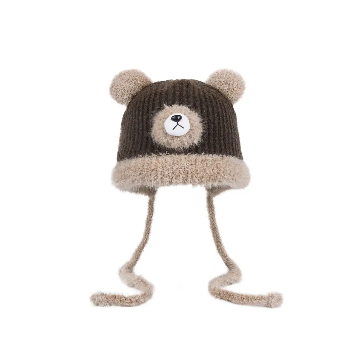 BEAR-ACCENT KNIT EARFLAP HAT — Brown