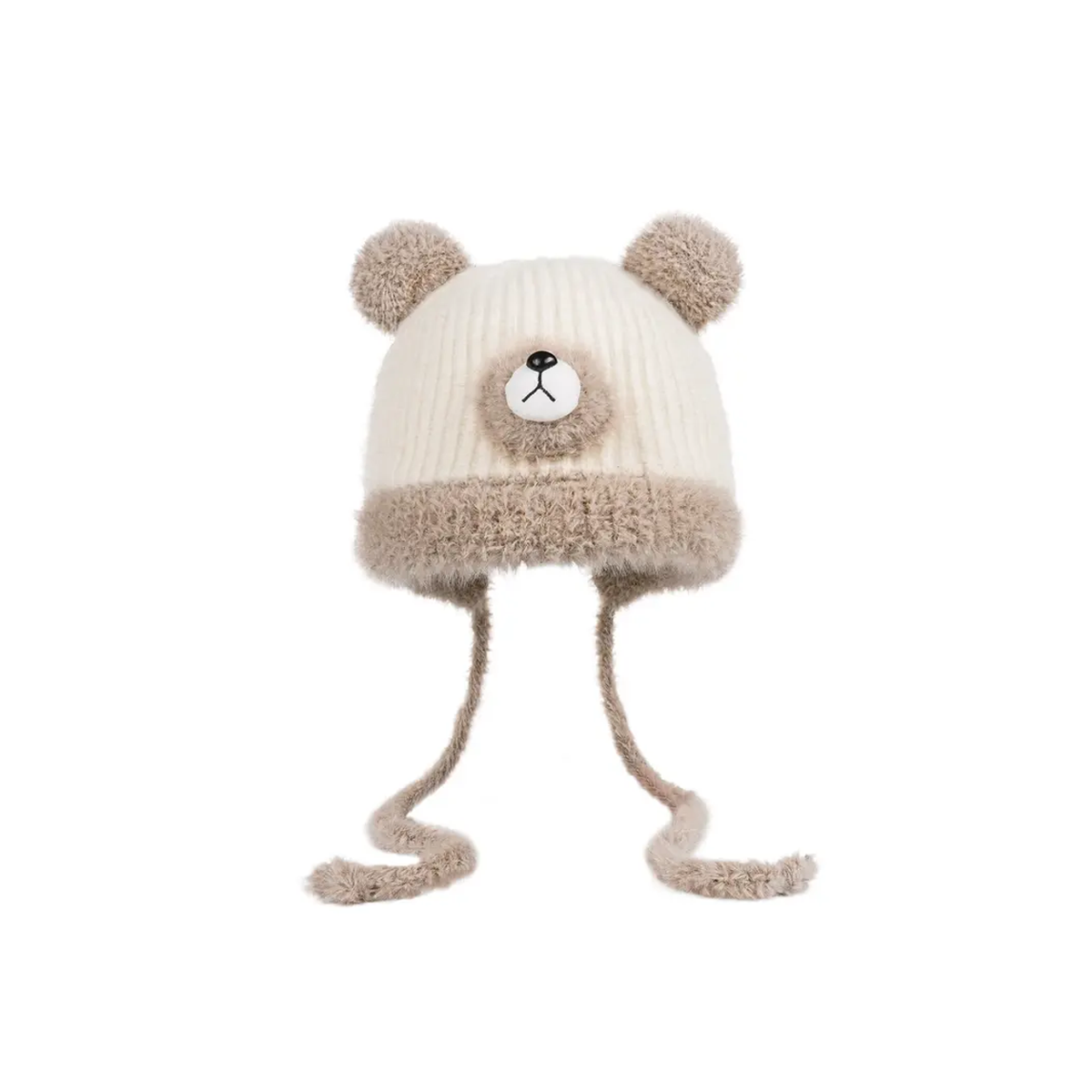 BEAR-ACCENT KNIT EARFLAP HAT — White