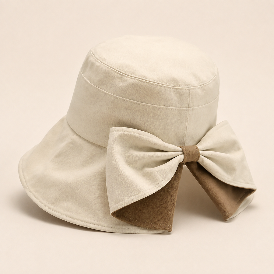 Cream and beige bow-back wide-brim hat