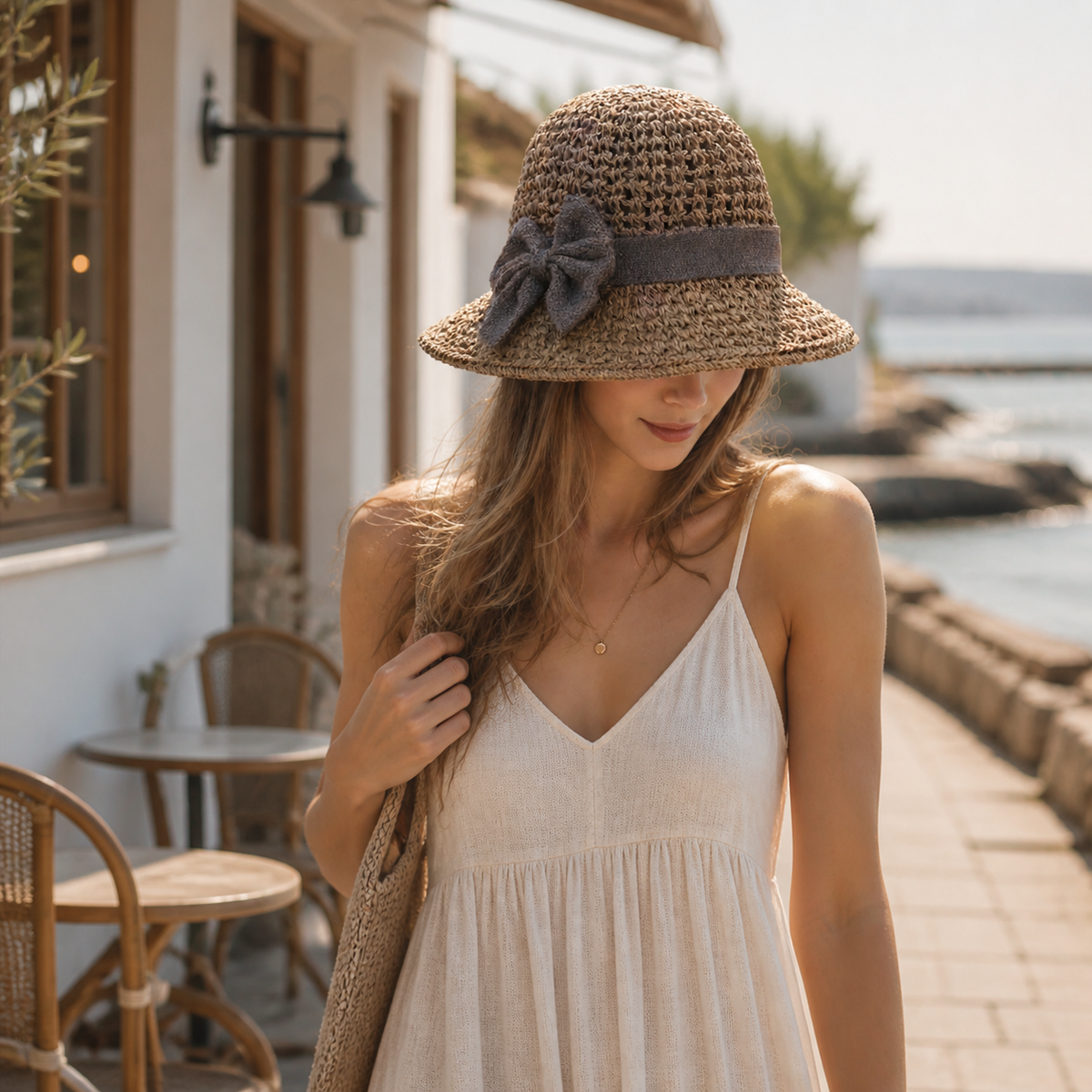 Bow woven cloche worn beside the coast