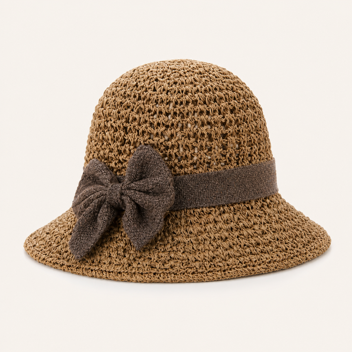 Natural bow woven cloche hat