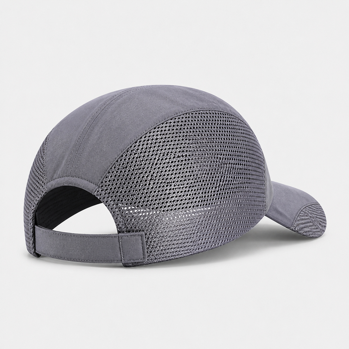 Gray breathable mesh cap showing the rear mesh and adjustment
