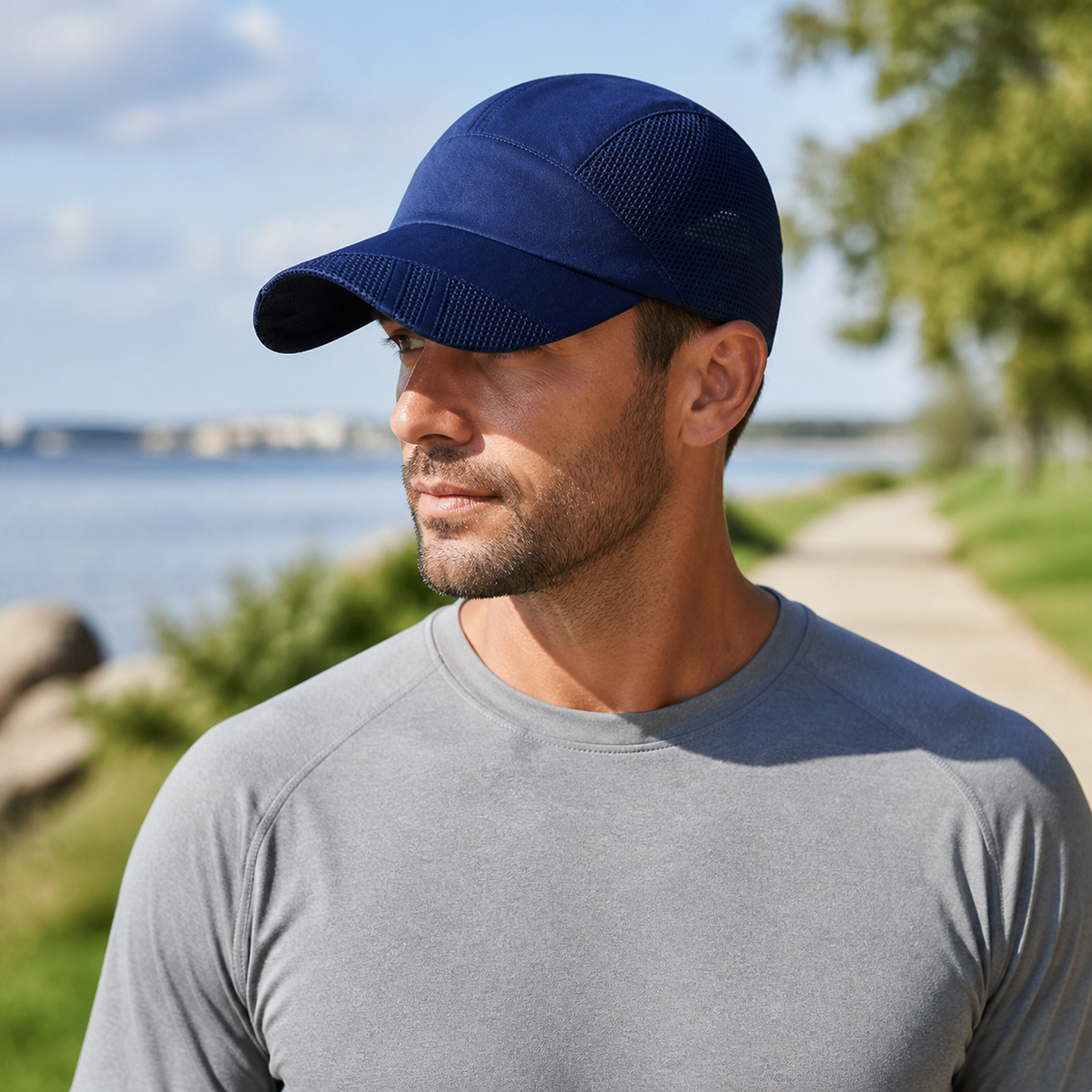 Man wearing the navy breathable mesh cap by the waterfront