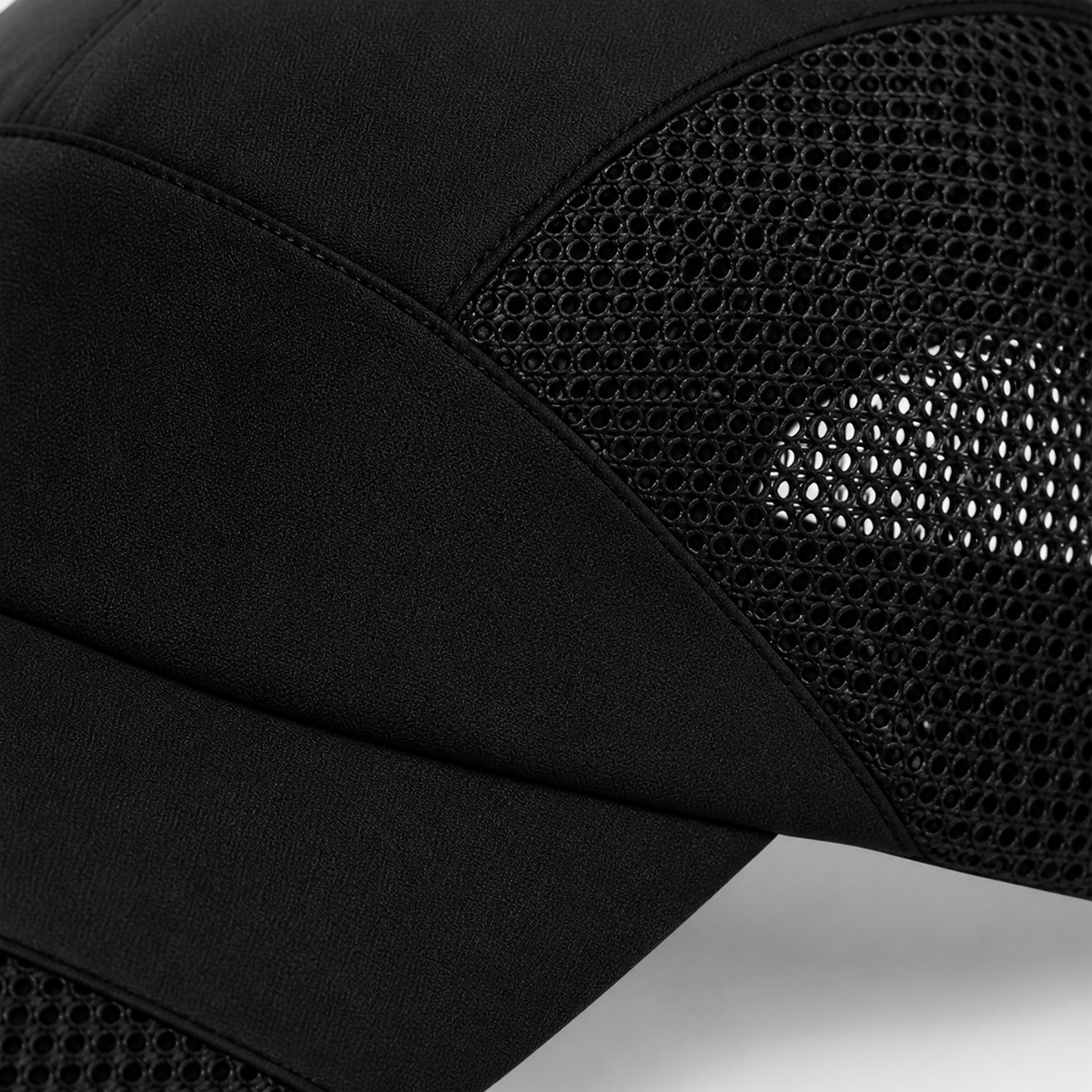 Close view of the breathable mesh cap fabric and mesh construction