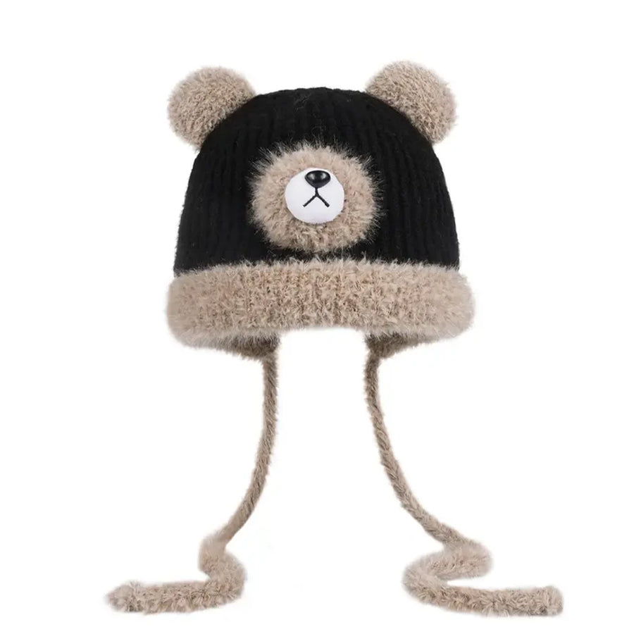 BEAR-ACCENT KNIT EARFLAP HAT — Black