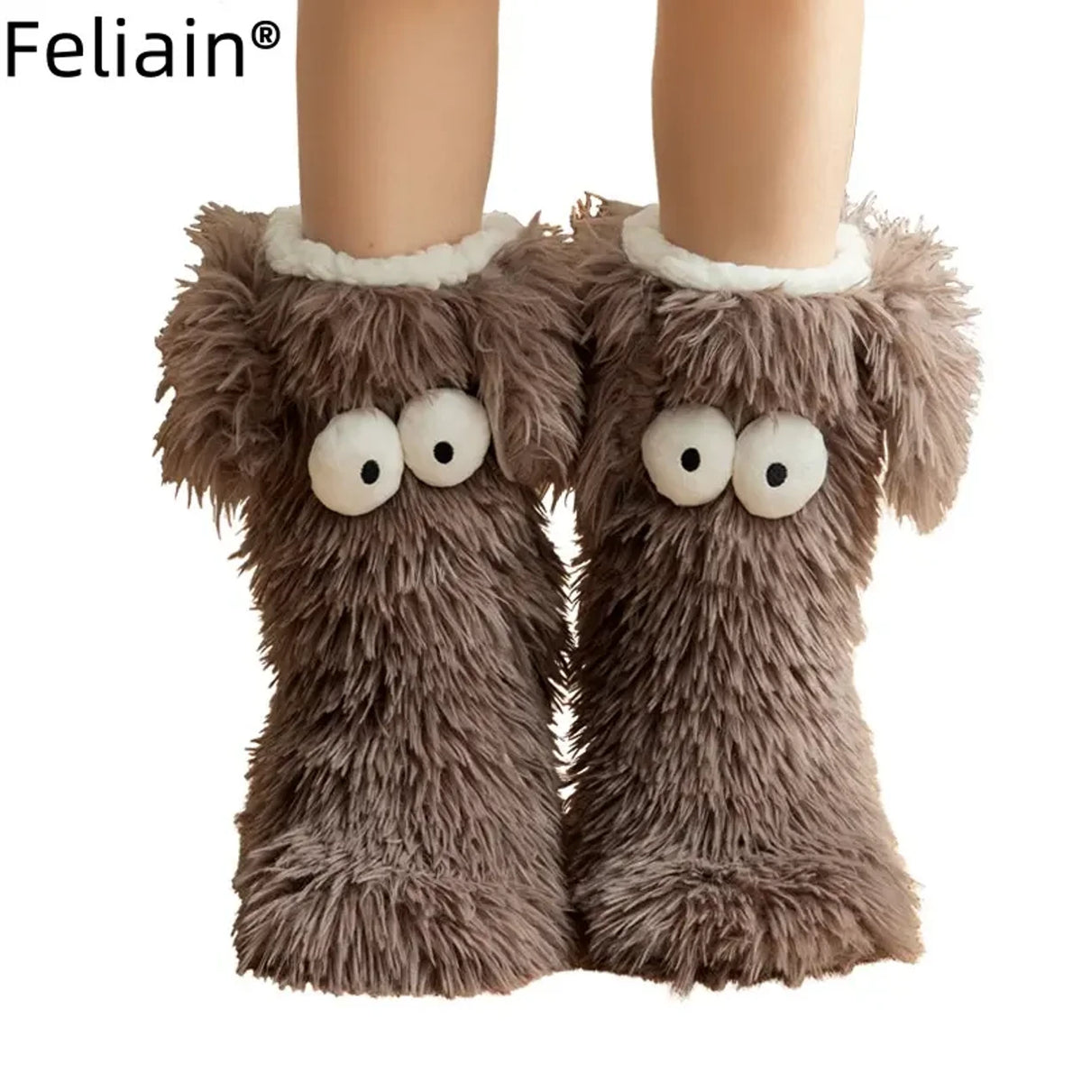 FLEECE-LINED INDOOR SLIPPER SOCKS — Brown