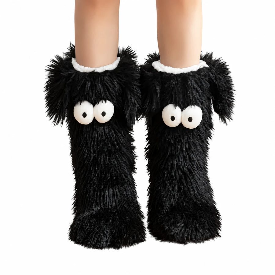 FLEECE-LINED INDOOR SLIPPER SOCKS — Black