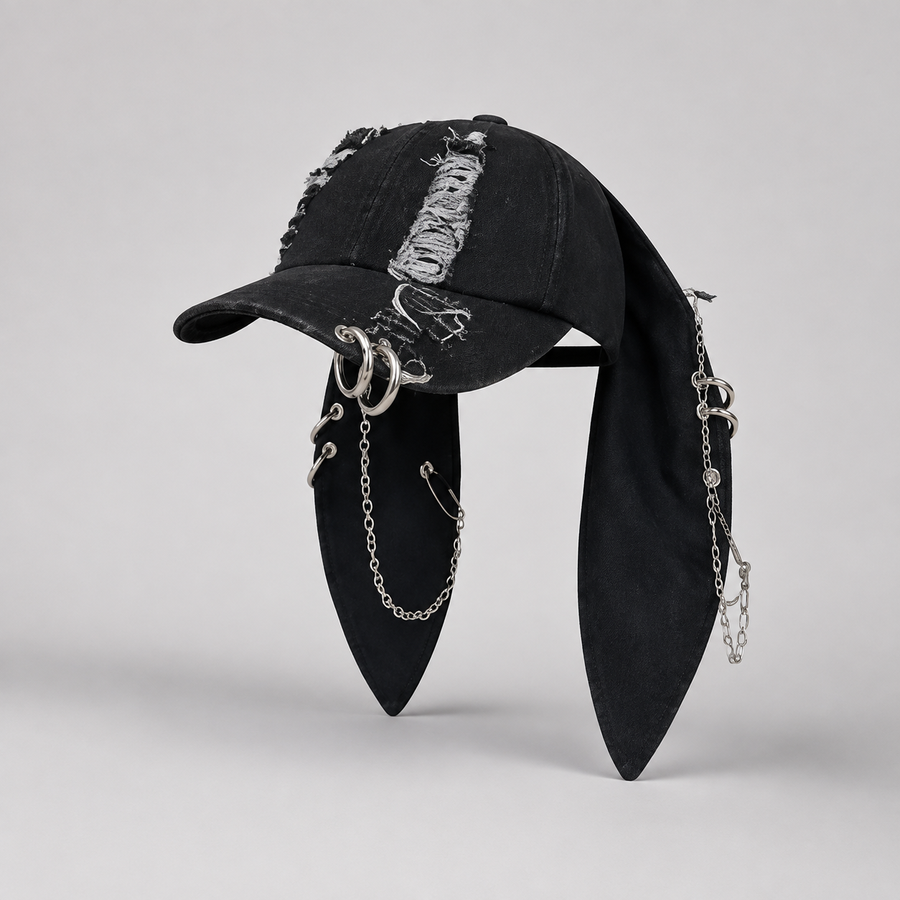 Black distressed bunny-ear chain cap