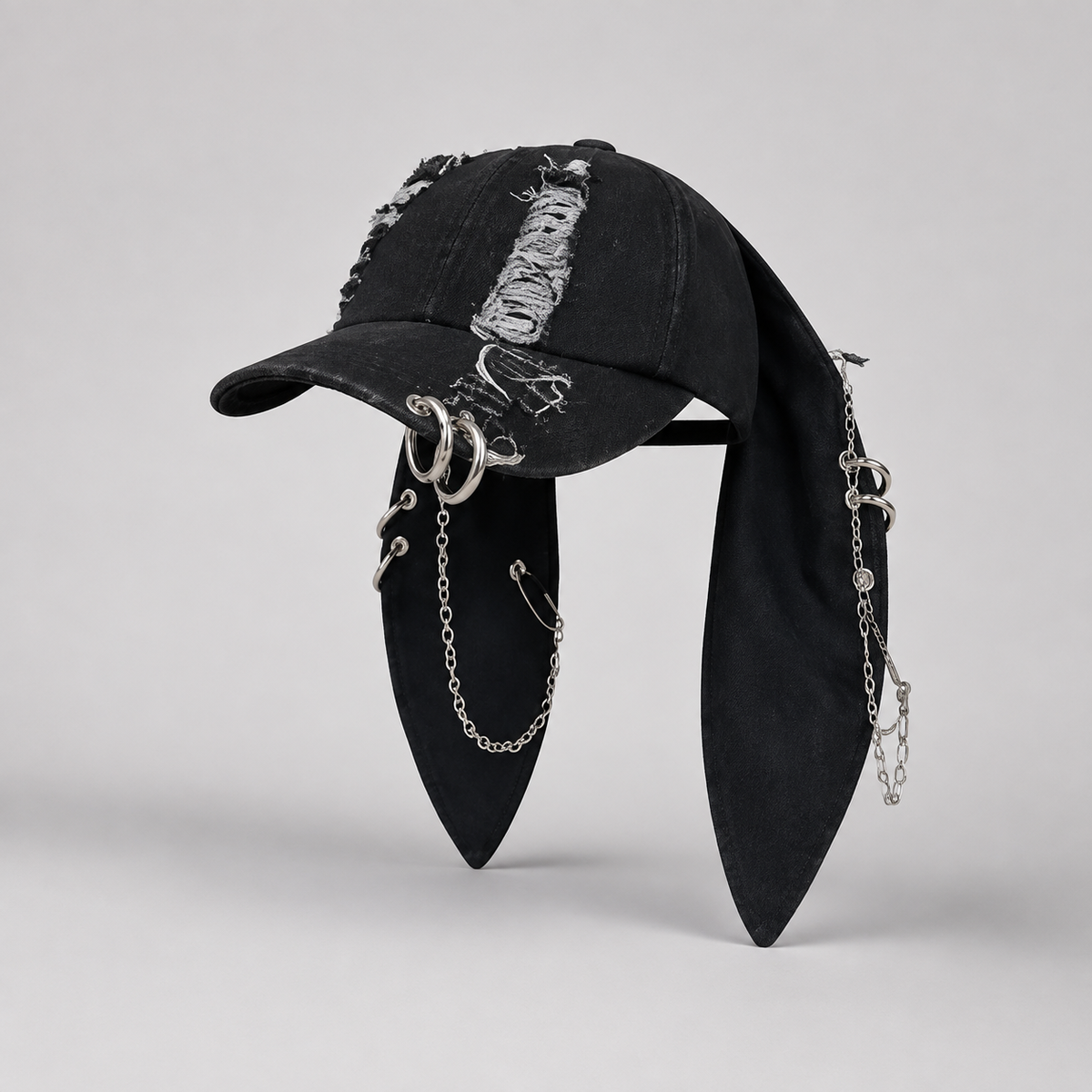 Black distressed bunny-ear chain cap