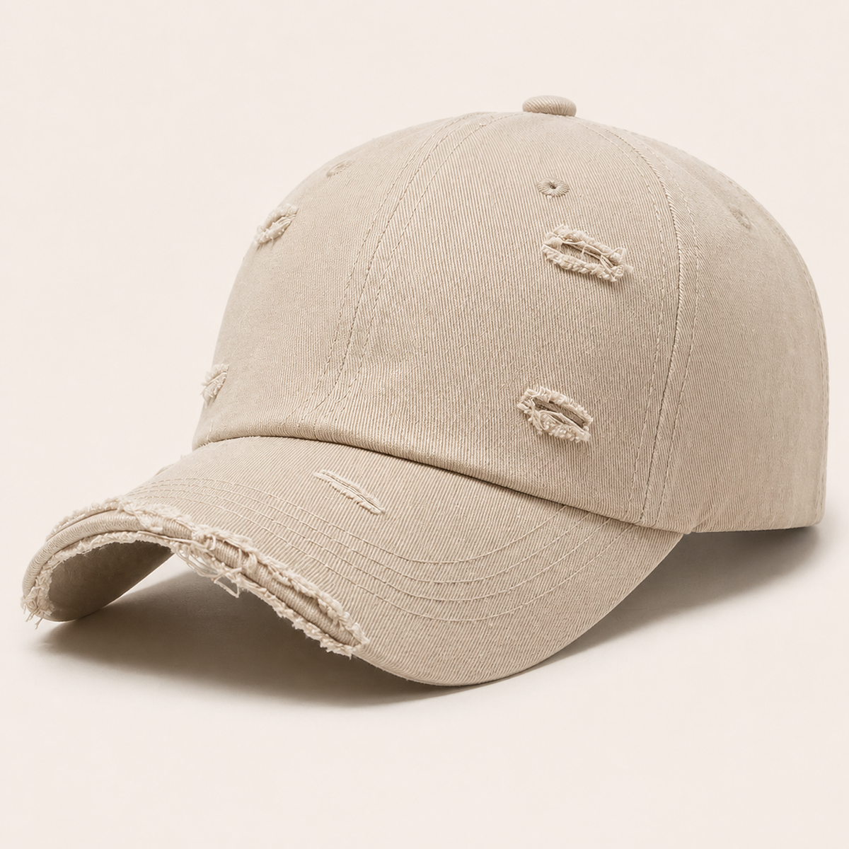 Beige distressed cotton baseball cap