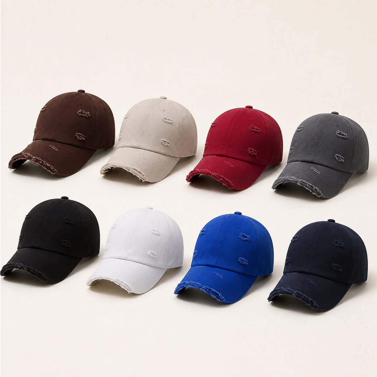 Eight available colors of the distressed cotton cap