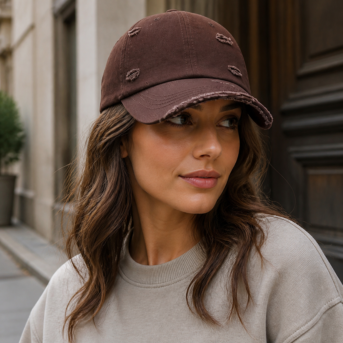Distressed cotton cap worn with a casual outfit