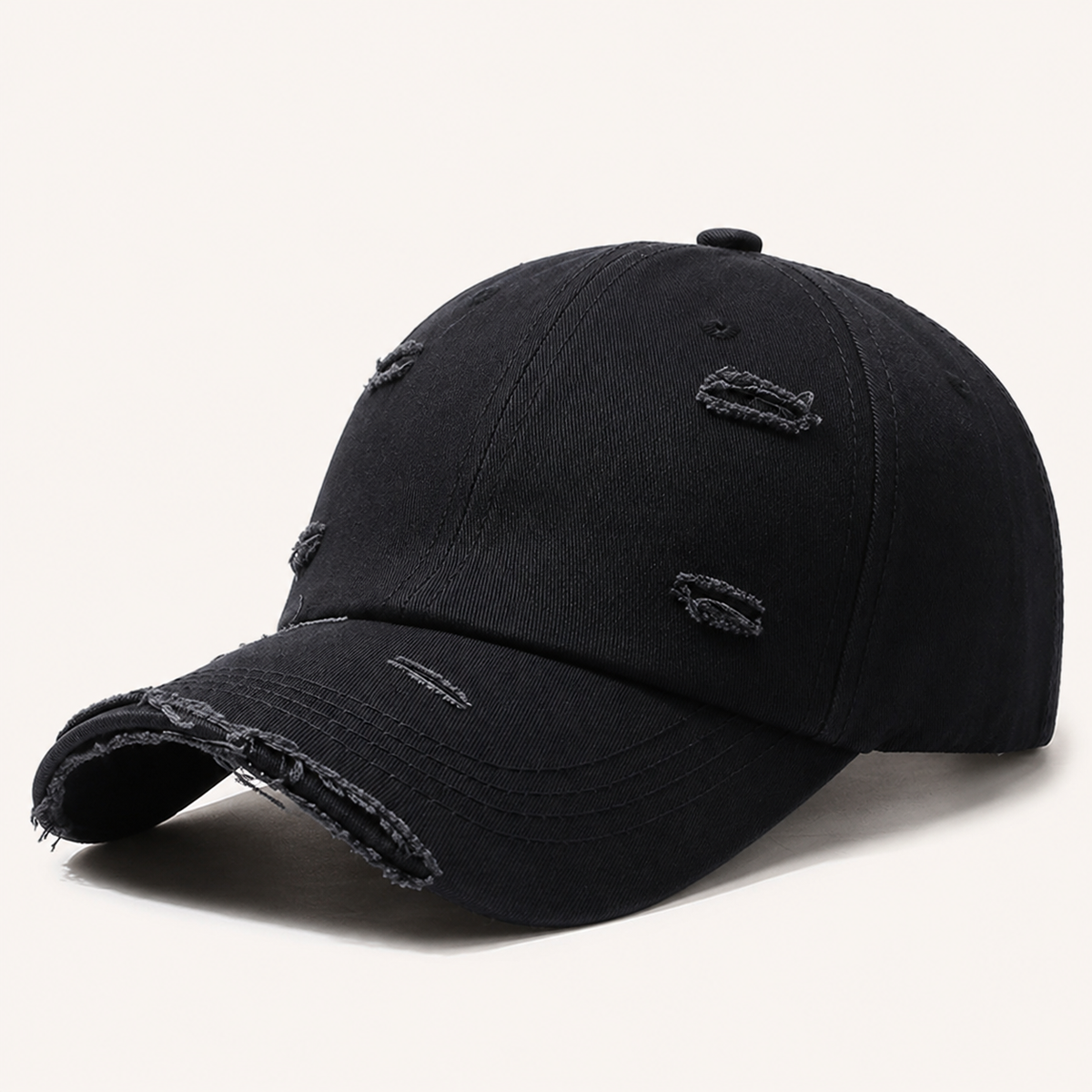 Black distressed cotton cap from a side angle