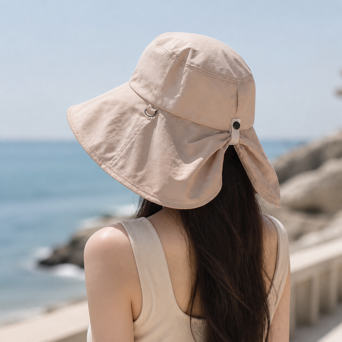 Beige double-layer bow-back hat worn outdoors