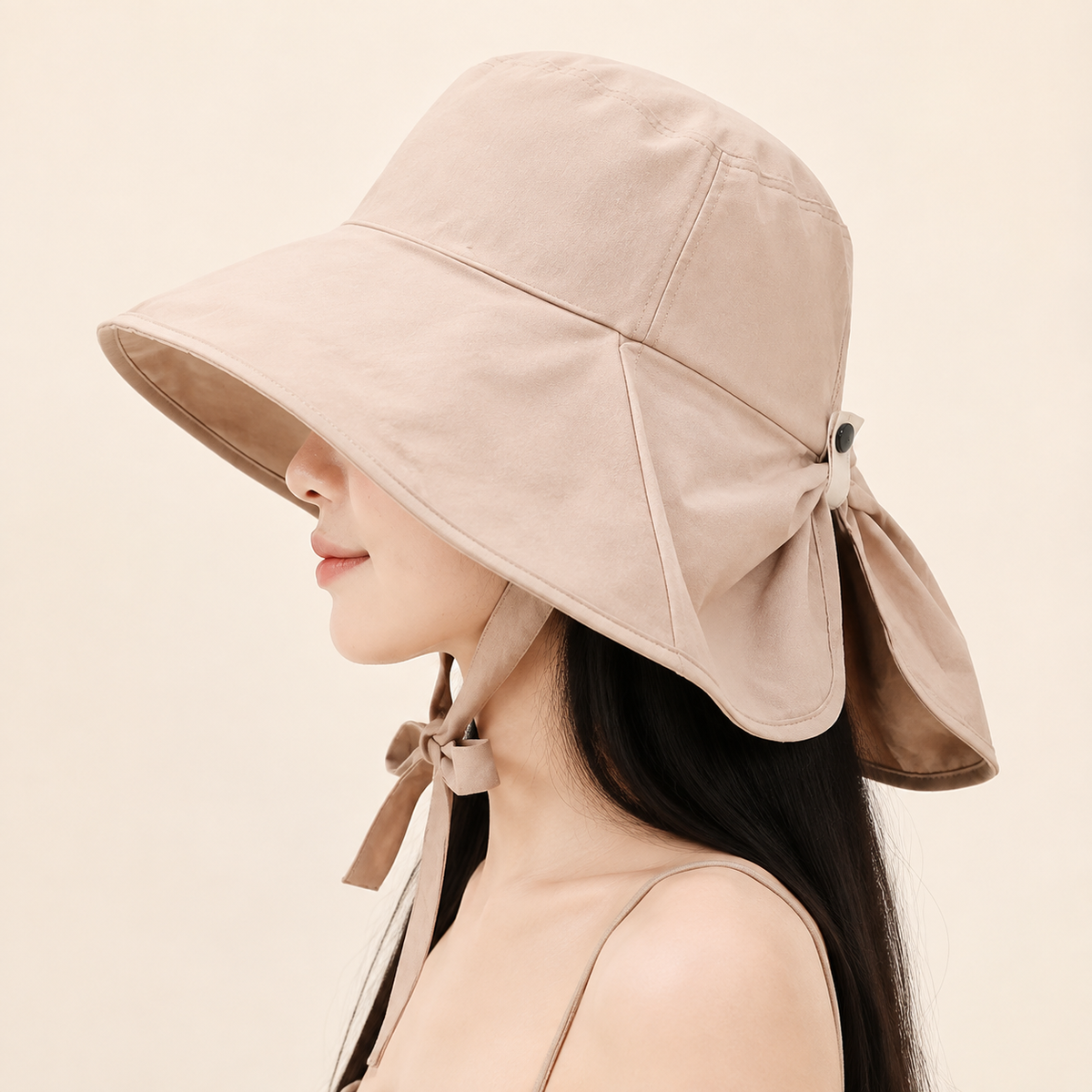 Side view of beige double-layer bow-back hat