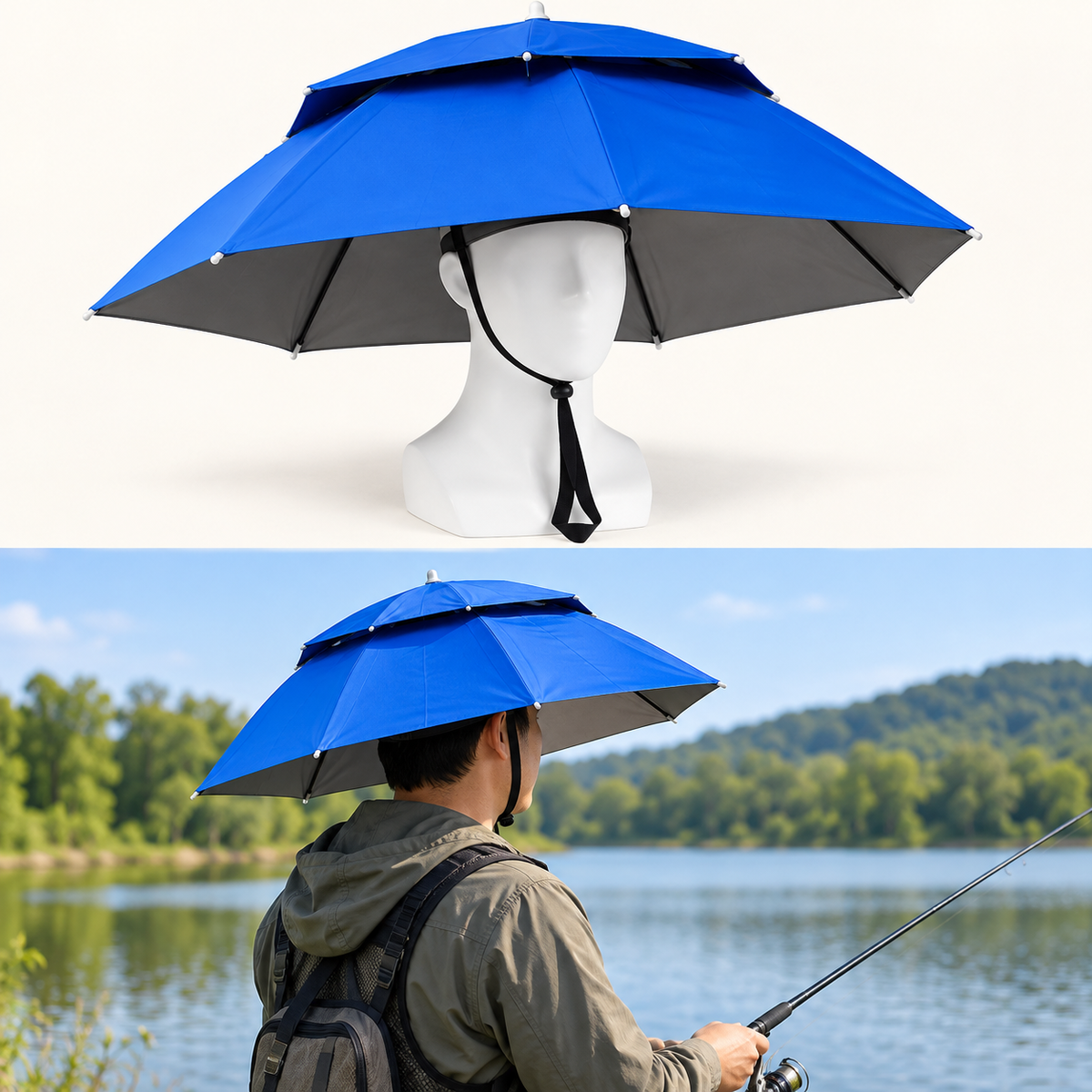 Blue double-layer wearable umbrella feature overview