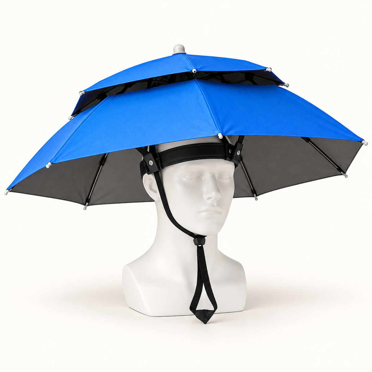 Close detail of the wearable umbrella head mount and strap