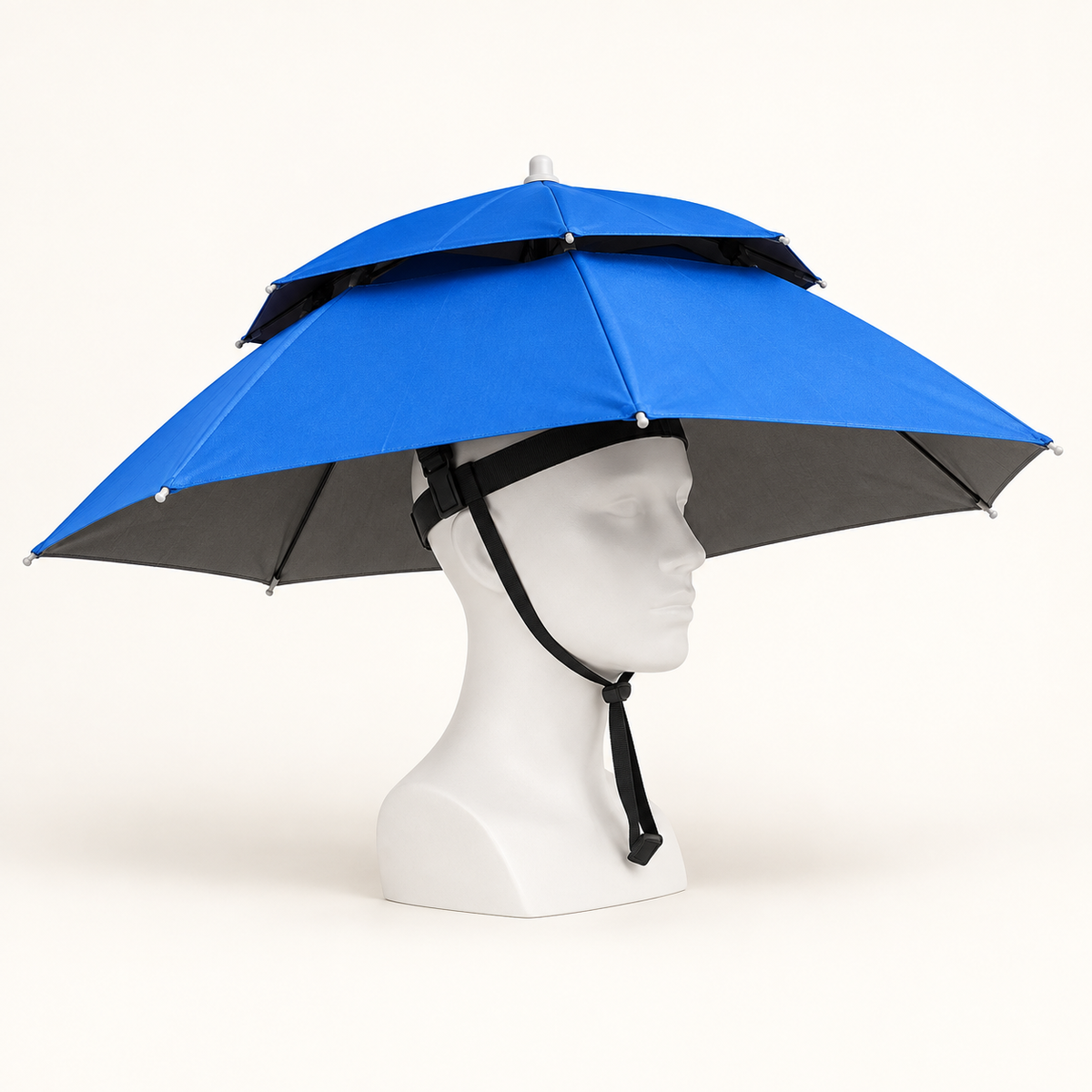 Side view of blue double-layer wearable umbrella