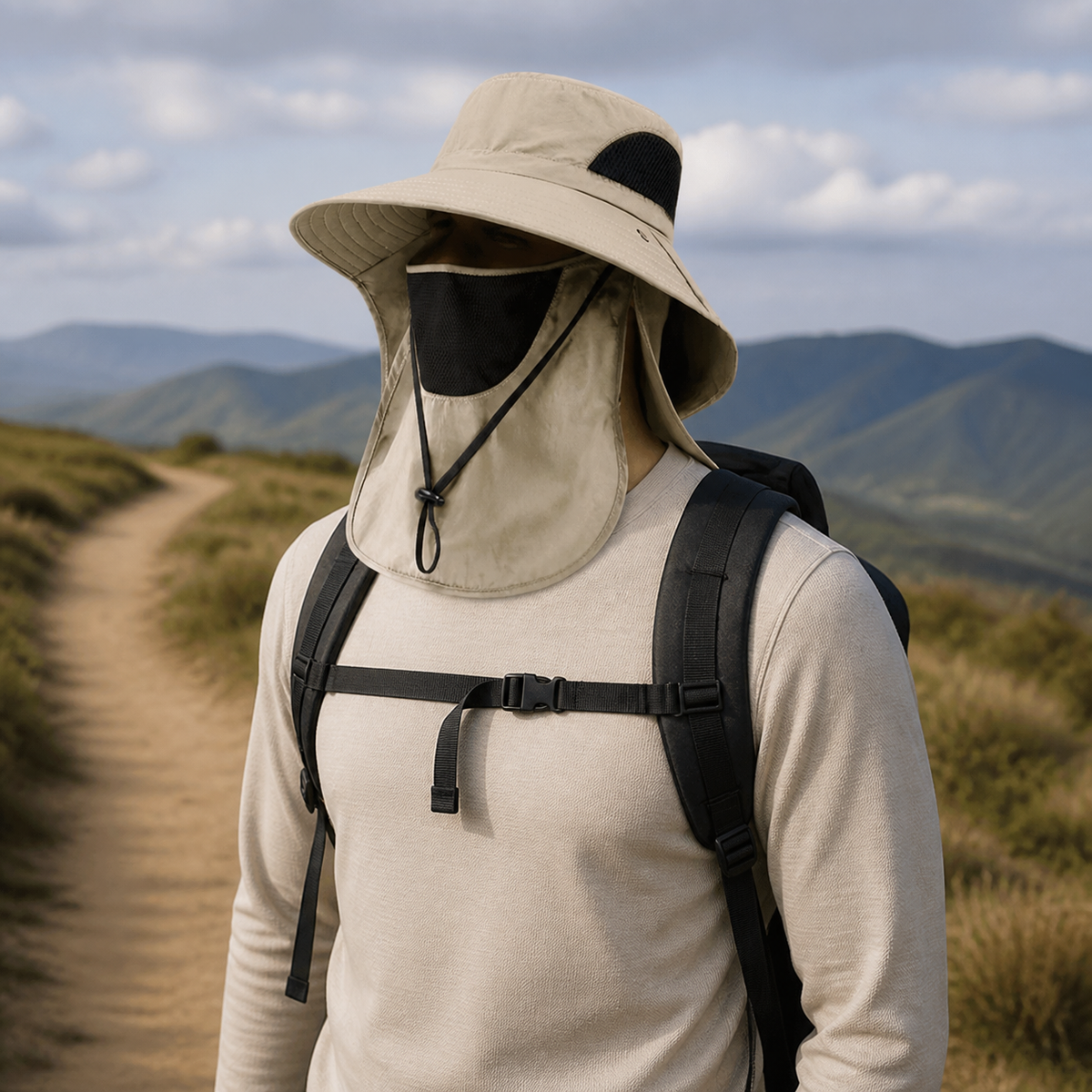 Face cover safari hat worn on a trail