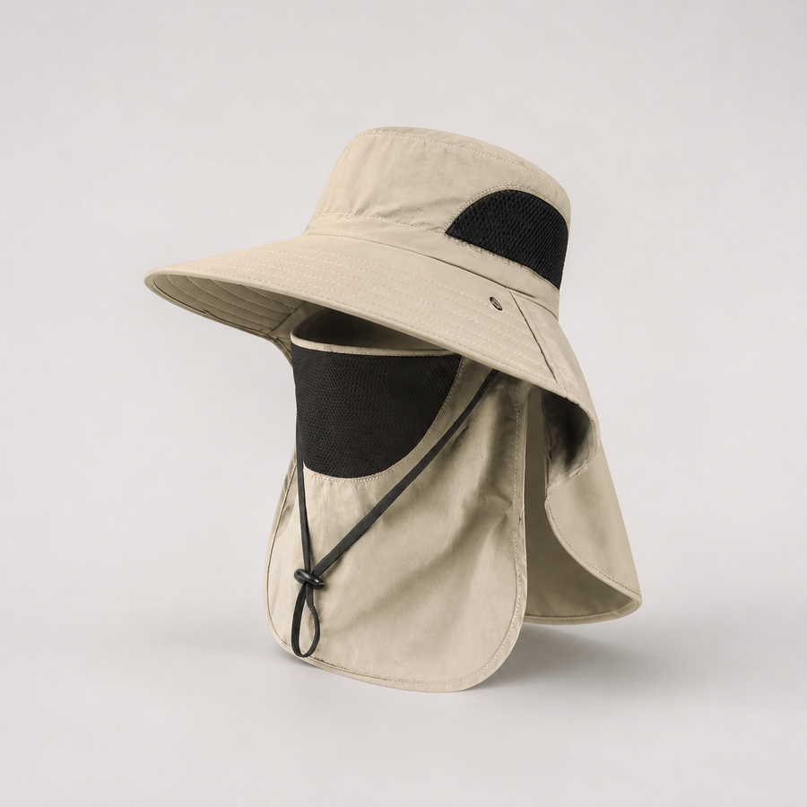 Face cover safari hat from the side