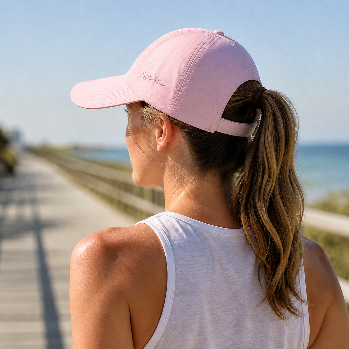 Woman wearing the pink lightweight ponytail cap by the coast