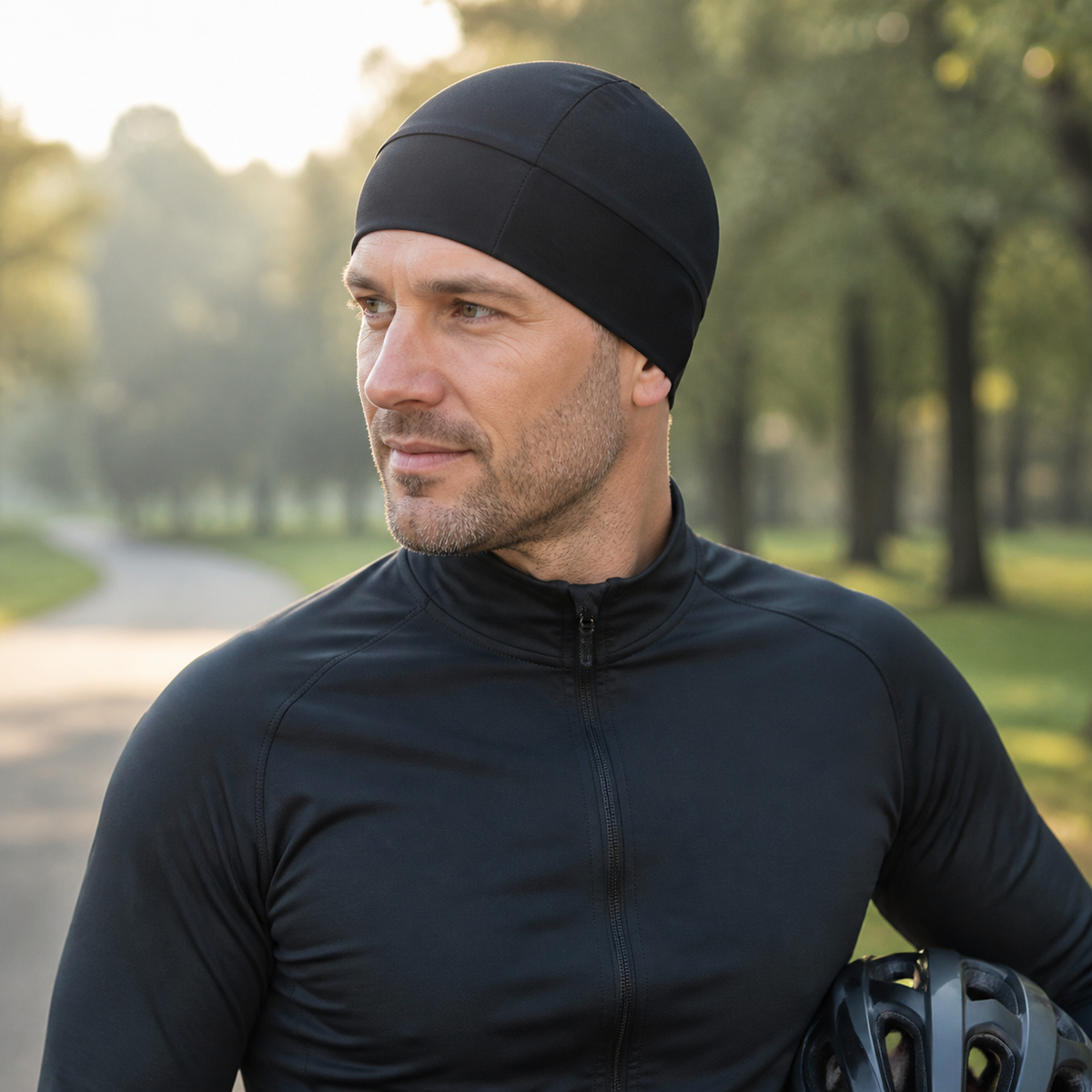 Black multifunctional skull cap worn for cycling