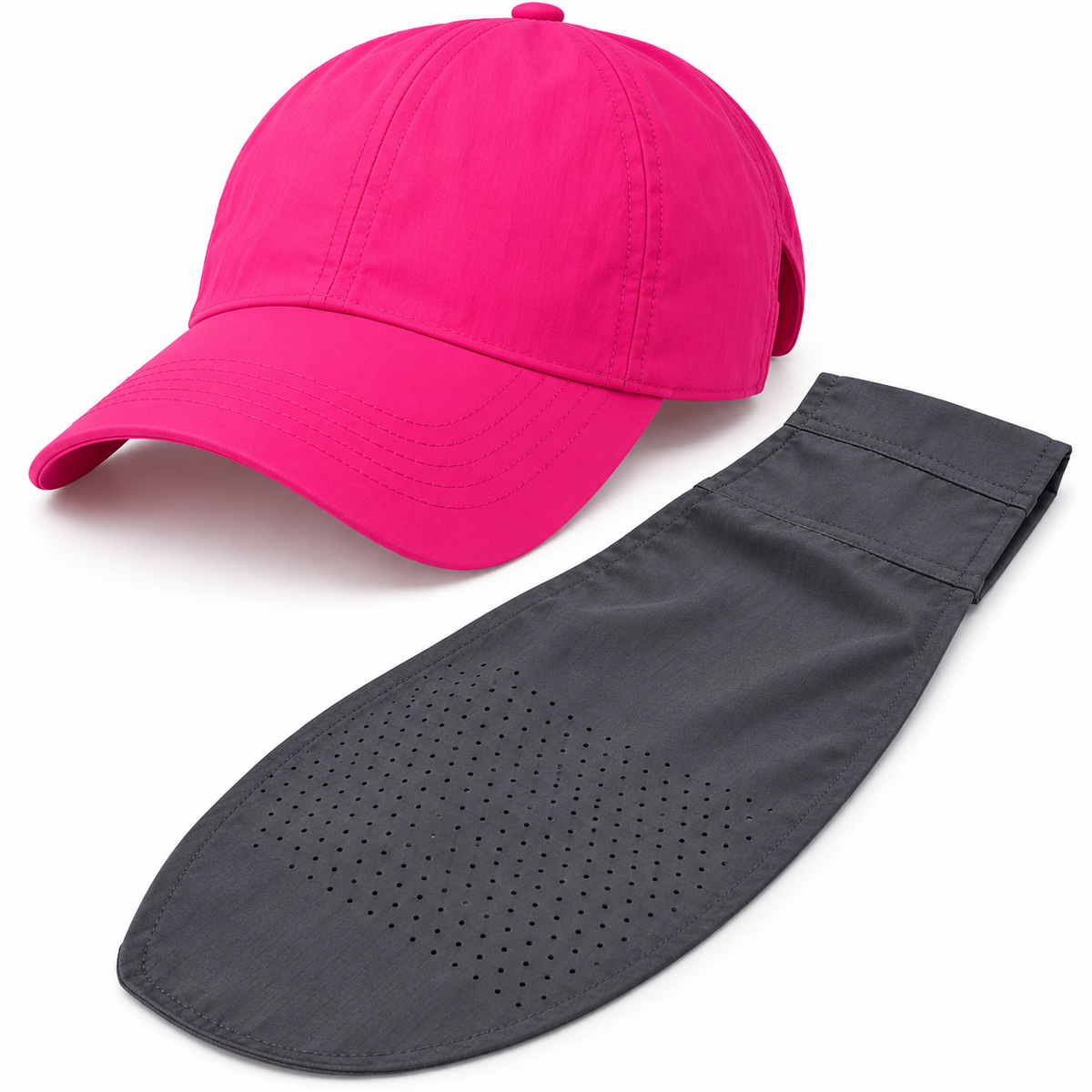 Close detail of pink cap stitching and dark gray neck drape