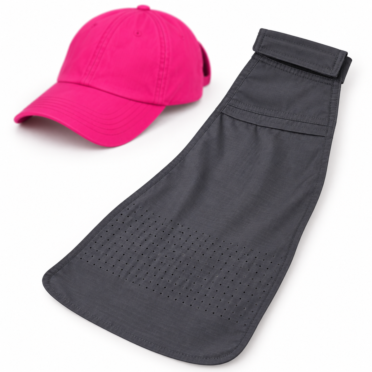 Flat view of the detachable dark gray neck drape with pink cap