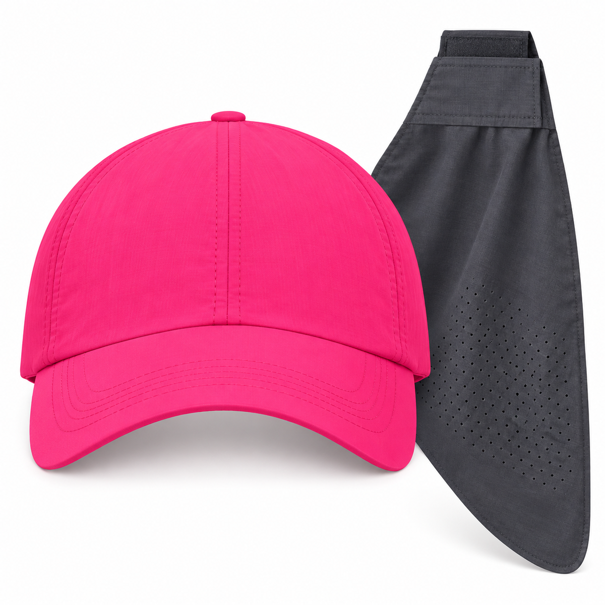 Front view of the pink ponytail cap and dark gray neck drape set