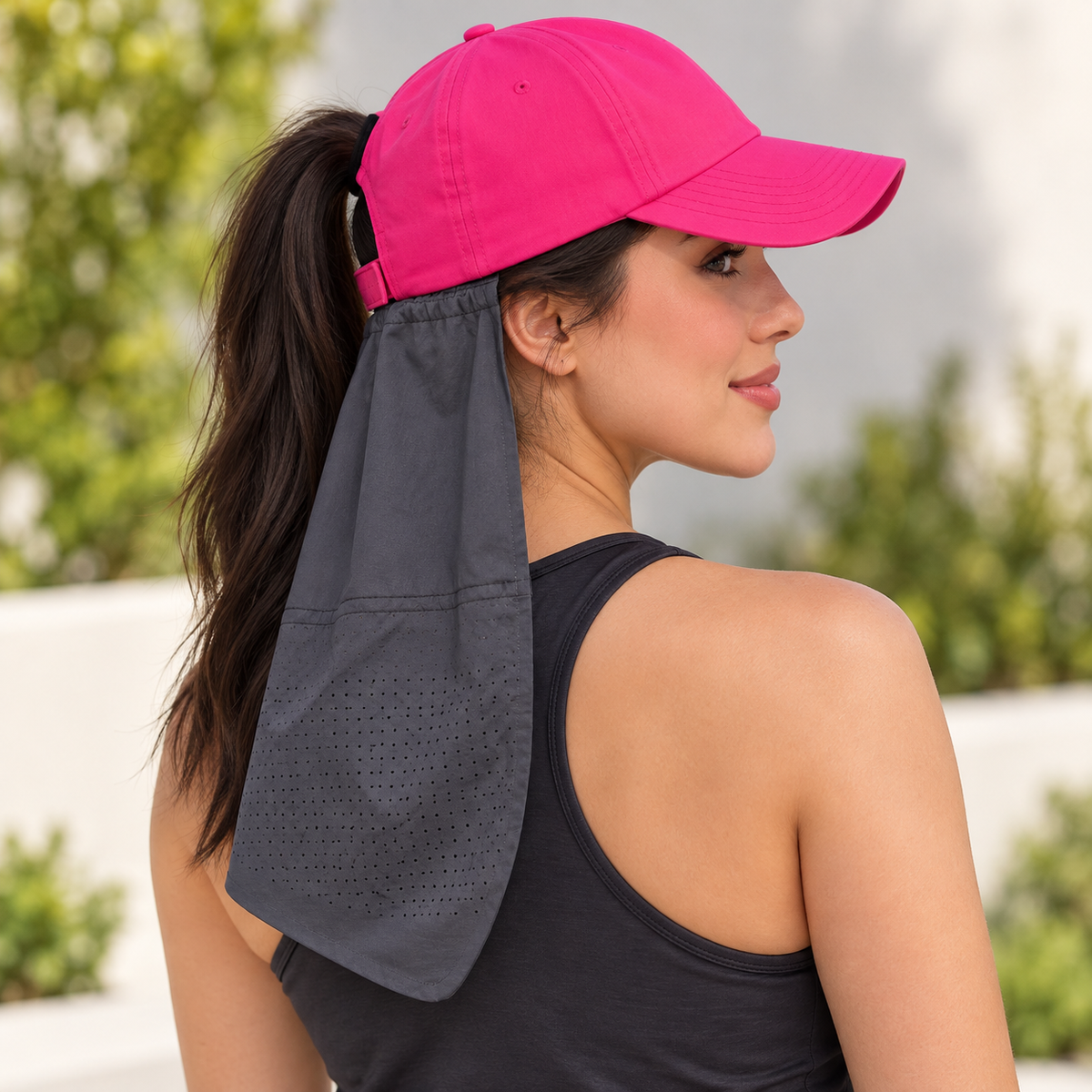 Pink ponytail cap with dark gray neck drape worn outdoors