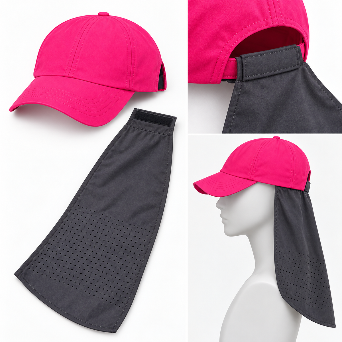 Pink ponytail cap and detachable dark gray neck drape overview