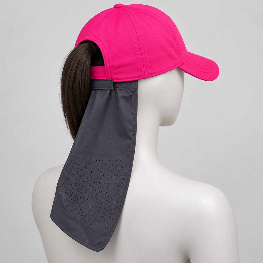 Rear view showing the high ponytail opening and dark gray drape