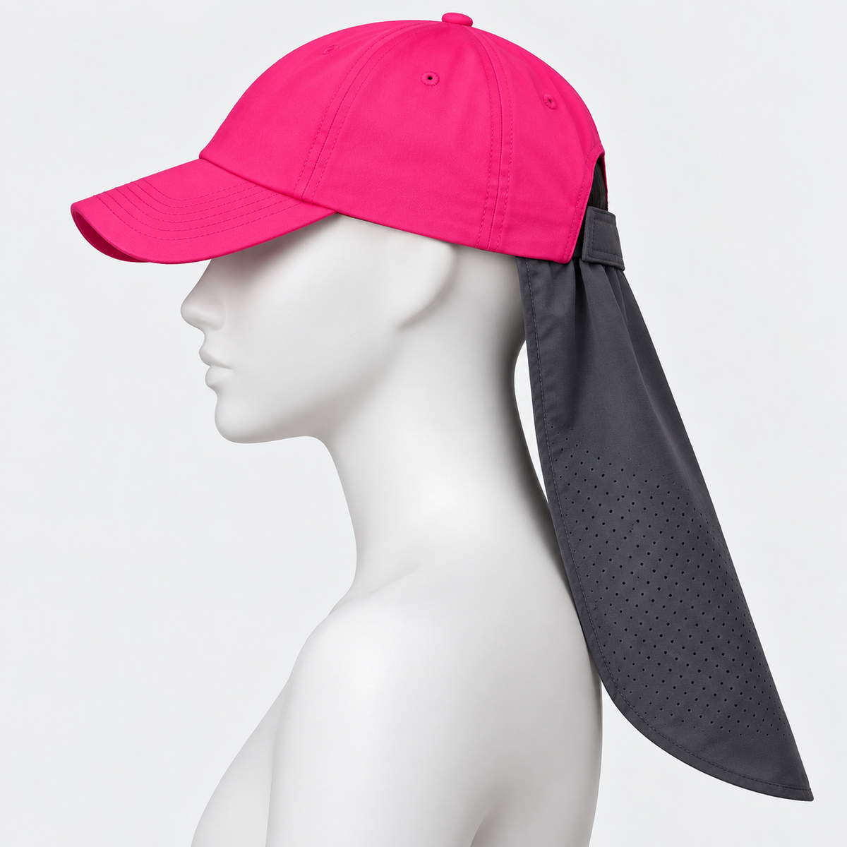 Side view of pink ponytail cap with dark gray detachable neck drape