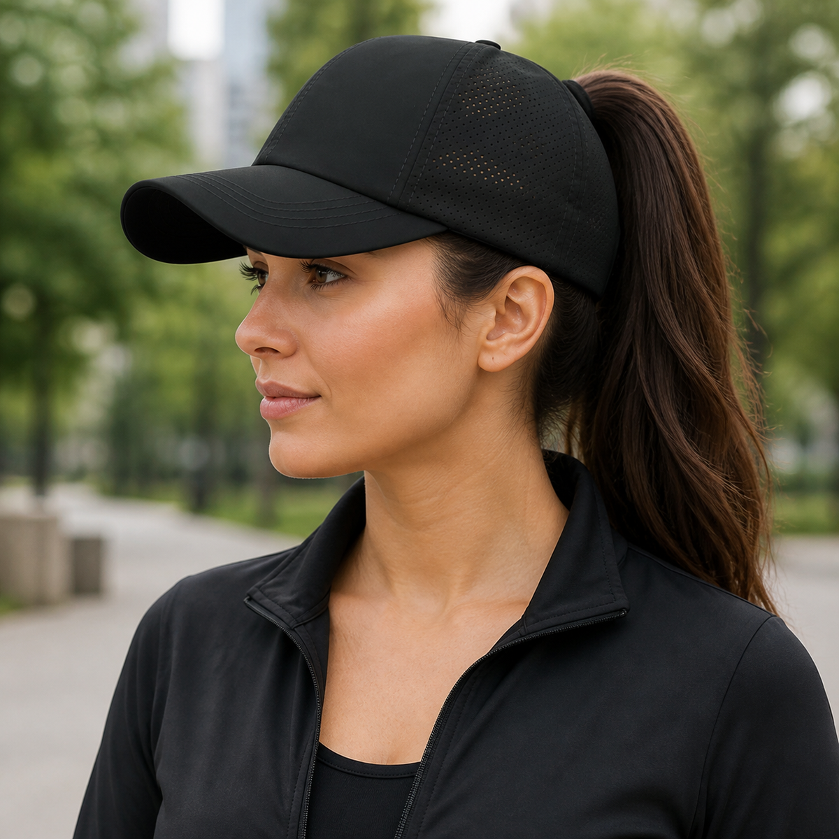 Black ponytail mesh cap worn with a high ponytail