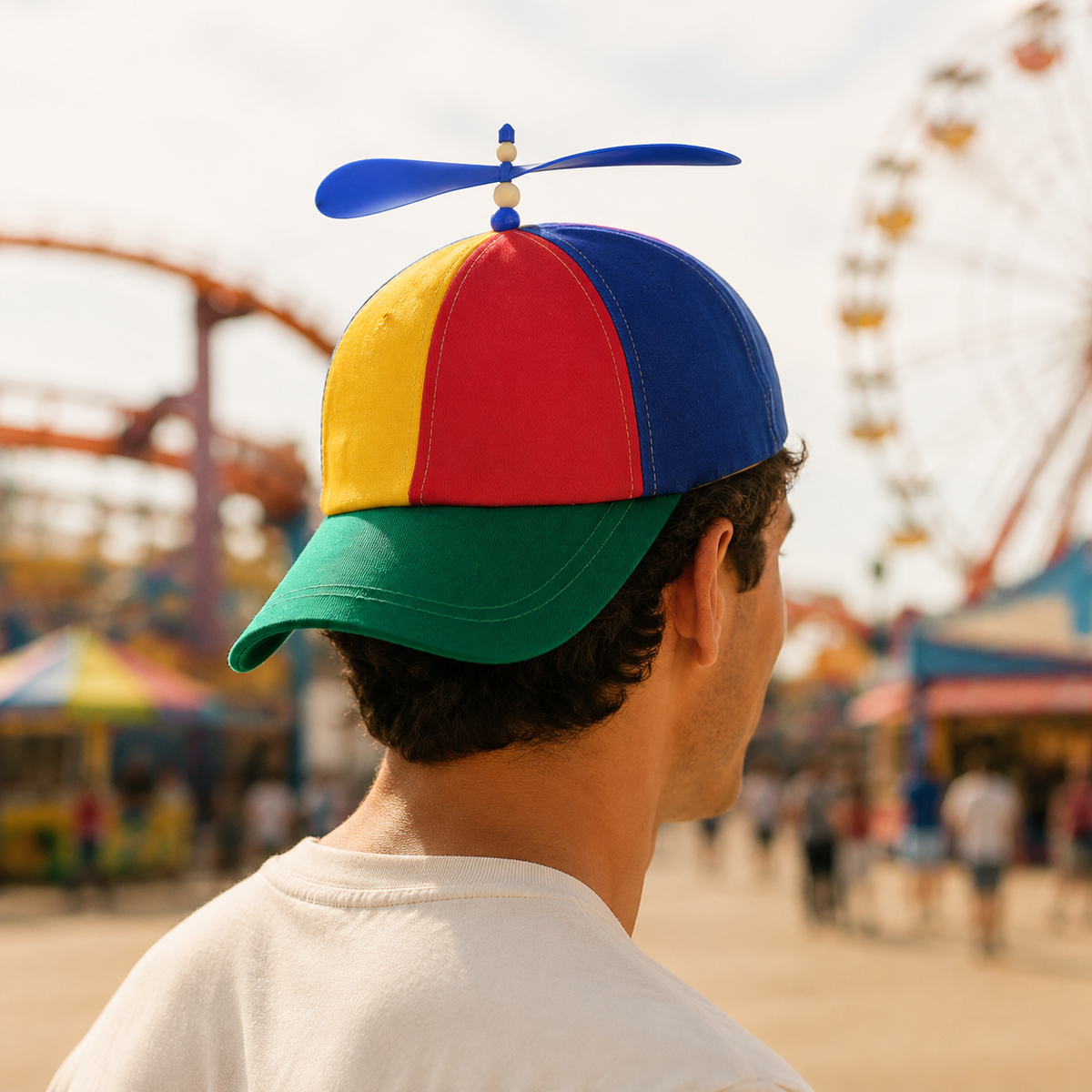 Rainbow propeller cap worn at an amusement park