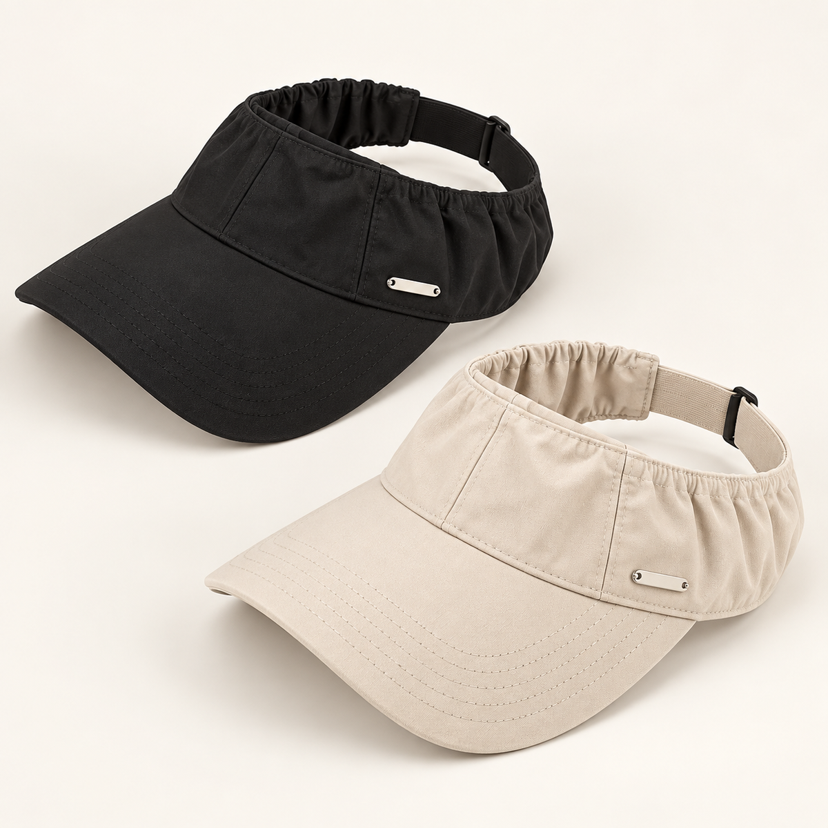 Two-pack of black and beige ruched open-top sun visors